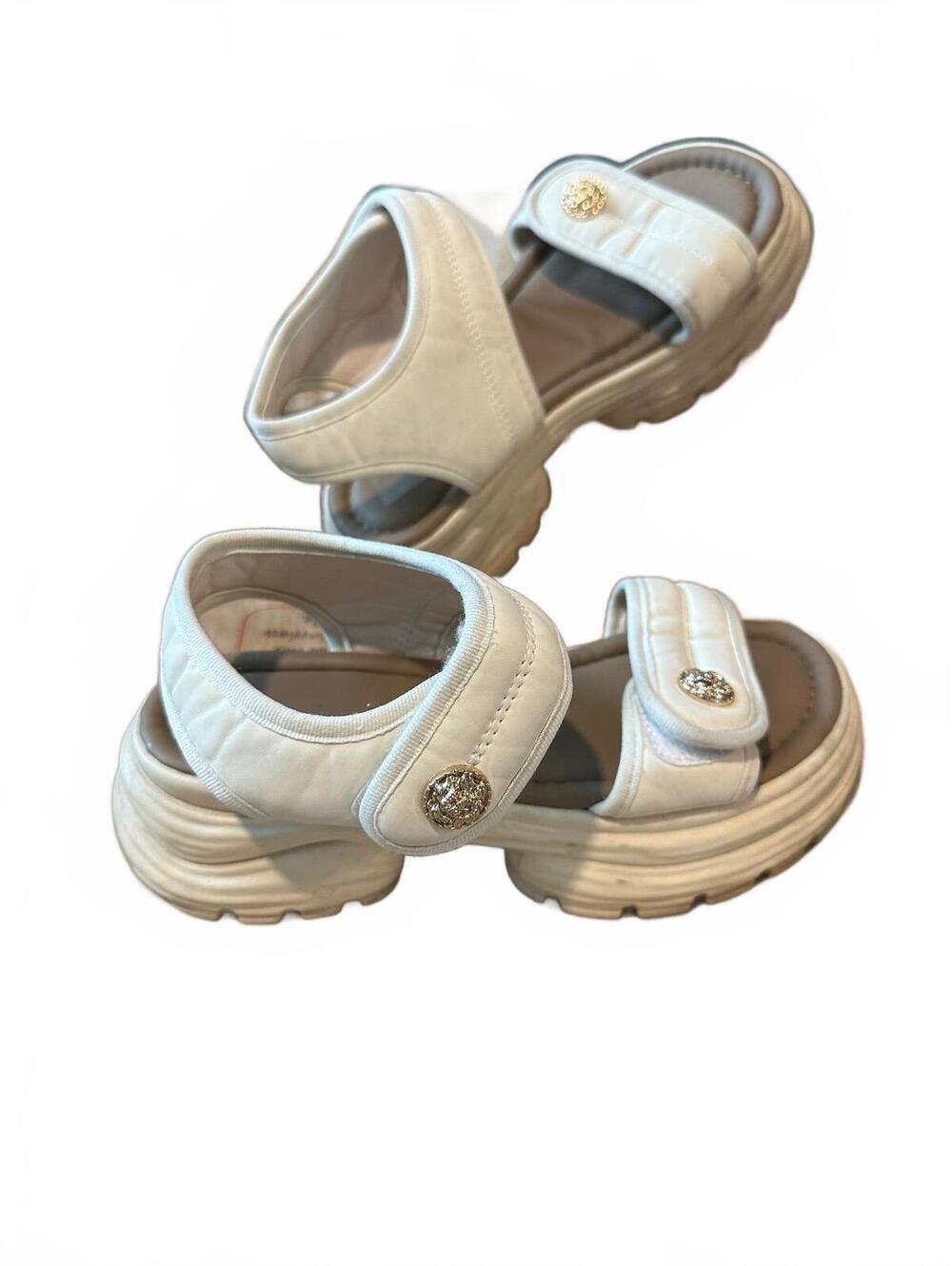 White Chunky Platform Sandals with Gold Button Accents